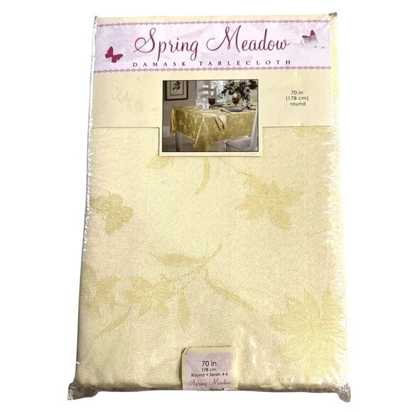 Spring Meadow Damask Tablecloth 70 inch Round Butter Yellow Flowers Vintage NEW - Picture 1 of 10